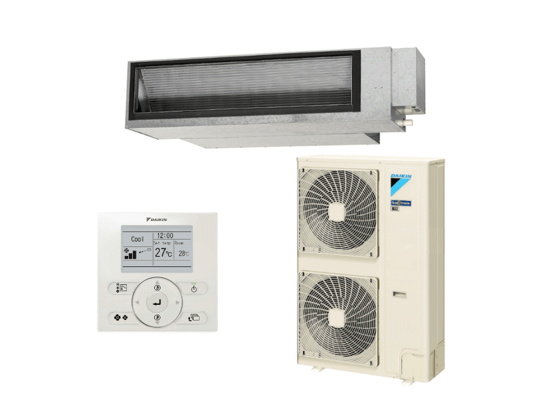 Daikin 12.5kW Premium Inverter ducted system — indoor unit, outdoor unit and controller